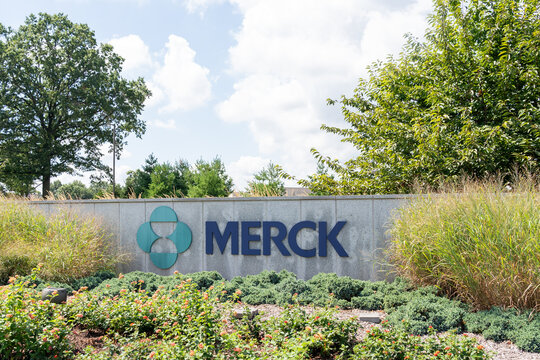 Kenilworth, New Jersey, USA - August 23, 2022: Merck sign on the wall is seen at outside its facility  in Kenilworth, New Jersey. Merck Co. is an American pharmaceutical company.