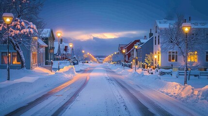 Serene winter street scene illuminated by lampposts at dusk.
