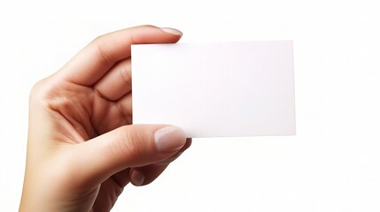 Obraz premium Minimalistic Hand Holding Blank Card for Business or Personal Use on Clean White Background Ideal for Creative Marketing or Design Projects