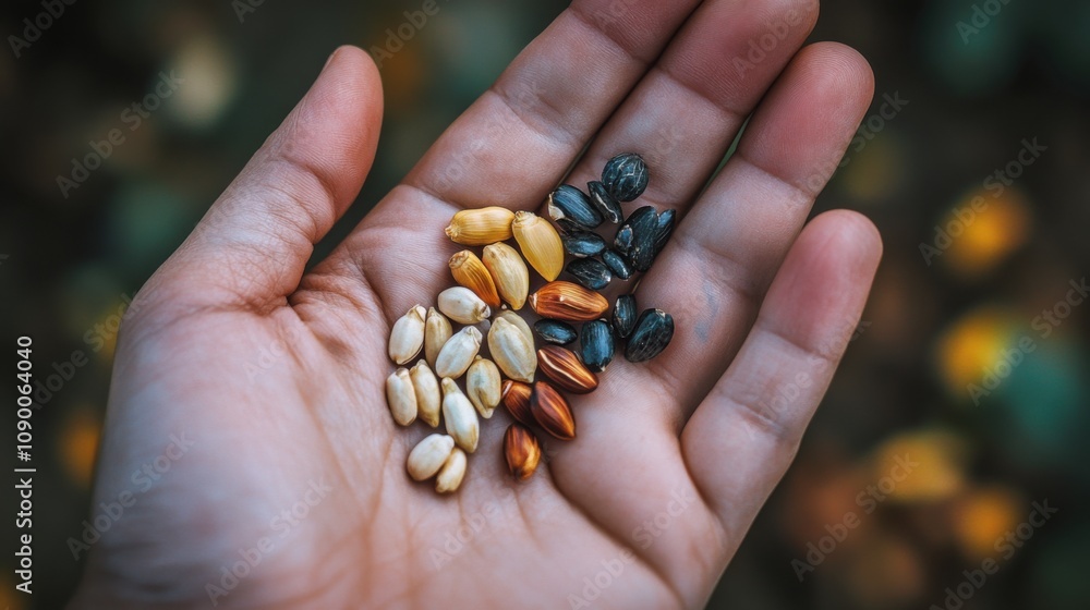 Poster a collection of different seeds in a hand, symbolizing the potential and growth nurtured by diversit