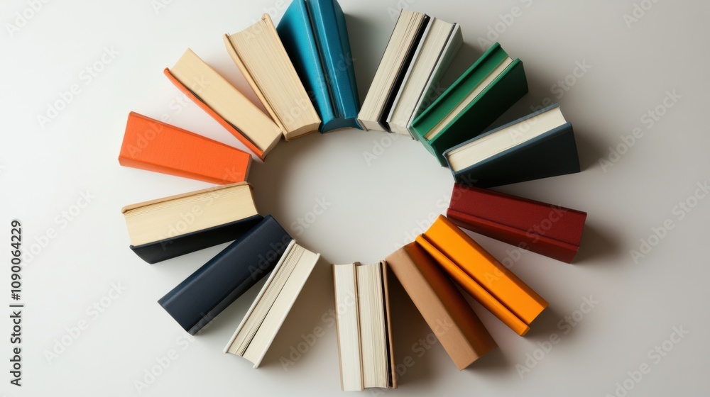 Aufkleber A collection of diverse books arranged in a circular pattern, symbolizing knowledge and learning from diverse perspectives, minimalistic style