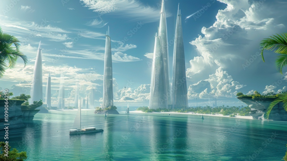 Poster futuristic cityscape with towering structures and serene waters.