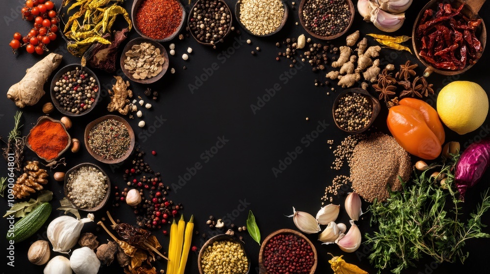 Poster a collection of diverse food ingredients arranged in a circular pattern, symbolizing the fusion and 