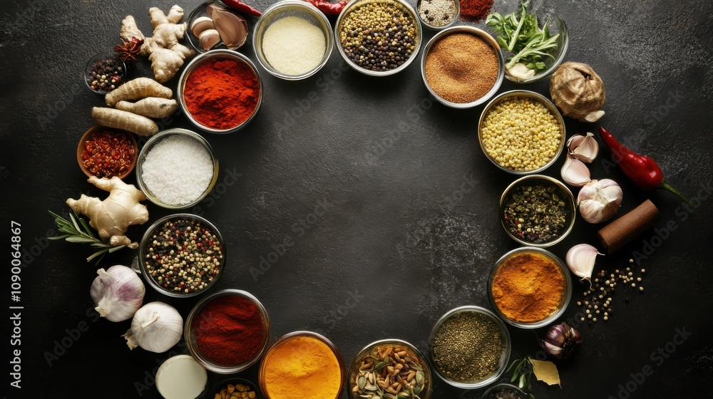 Poster a collection of diverse food ingredients arranged in a circular pattern, symbolizing the fusion and 