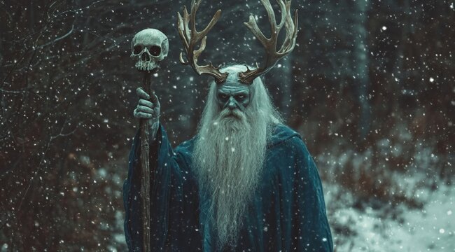 Korochun god or Czorneboh in winter forest. Wiccan religion. Yule, pagan New Year, winter holidays. Ded Moroz, Father Frost. Fantasy slavic folklore character. Winter fairytale scene 