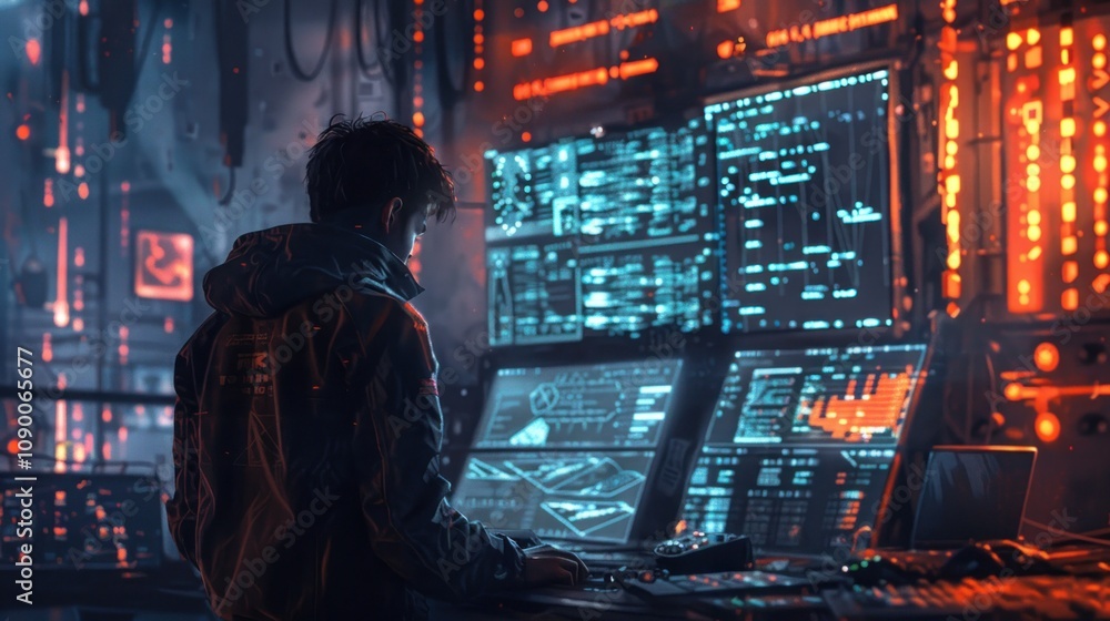 Poster a person working at a high-tech workstation with multiple screens.