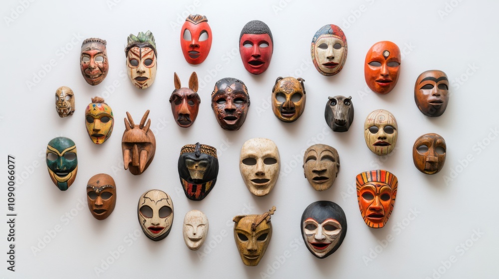 Aufkleber A collection of diverse masks from different cultures arranged in a circular pattern, symbolizing unity in diversity, hung on a plain wall