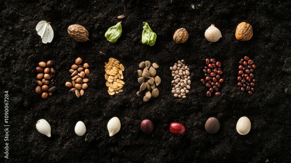 Poster a collection of diverse seeds planted in soil, symbolizing growth and potential through inclusivity,
