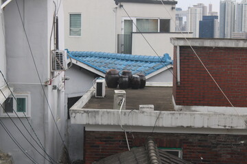 Traditional Korean fermentation jars on rooftop terrace in Seoul, Korea