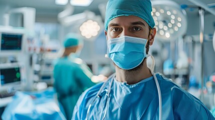 A surgeon in the operating room, focused and ready for surgery, surrounded by medical equipment