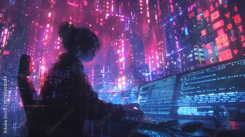 Aufkleber a digital scene depicting a person coding in a vibrant, tech-filled space.