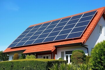 Fototapeta premium house with sun panel on rooftops 