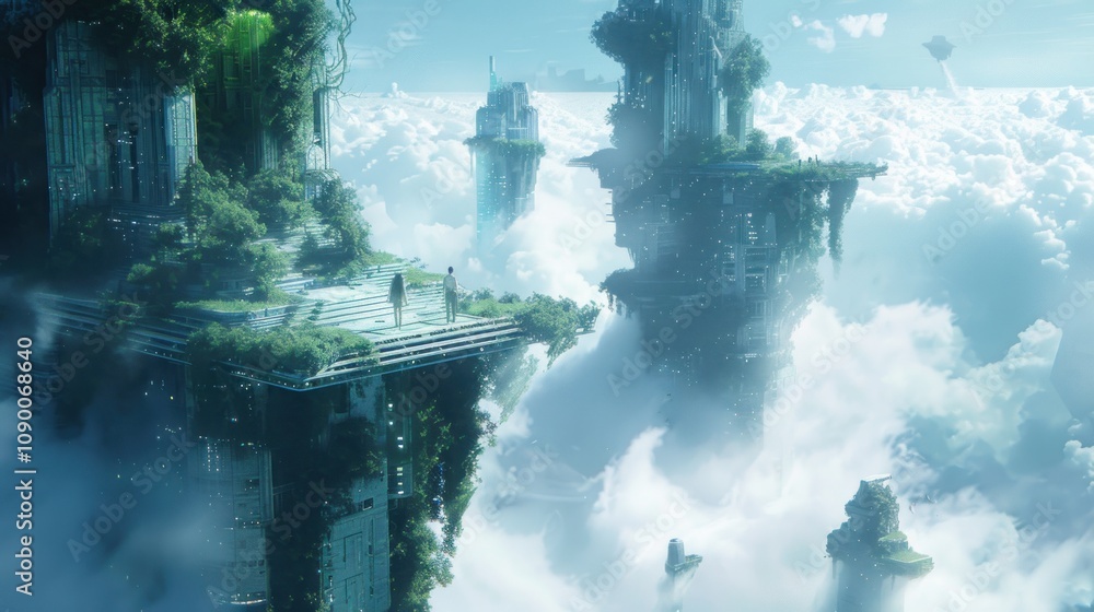 Poster surreal floating islands with lush greenery in a cloudy sky.