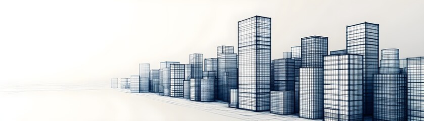Detailed Black and White Wireframe Illustration of a Modern City Skyline Featuring Various Types of Tall Buildings and Architectural Structures in Abstract Style