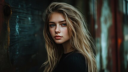 Naklejka premium Close-up portrait of a young woman with long blonde hair and blue eyes.