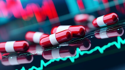 Pharmaceutical Company Stock Market Analysis with Red and White Capsules Representing Health Investment and Financial Growth Trends