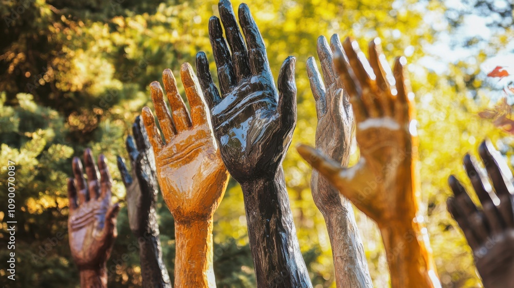 Aufkleber A community art installation in a park, featuring sculptures of hands of different skin tones intertwined, Symbolizing unity and diversity in public spaces