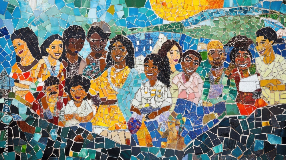 Aufkleber A community art project where residents of different abilities create a mosaic depicting scenes of cultural diversity, Reflecting artistic inclusivity and collaborative creativity, photography style