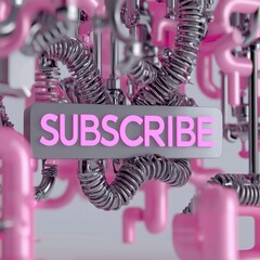 Fototapeta premium 3D render of metallic pipes with a glowing subscribe sign