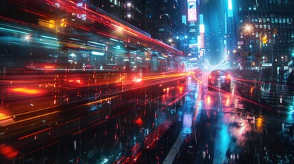 Fototapeta premium Night city street, rain, light trails.