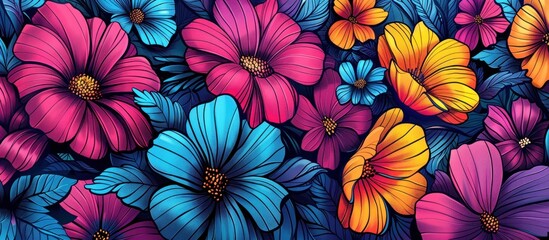 Vibrant floral pattern with pink, blue, orange flowers.