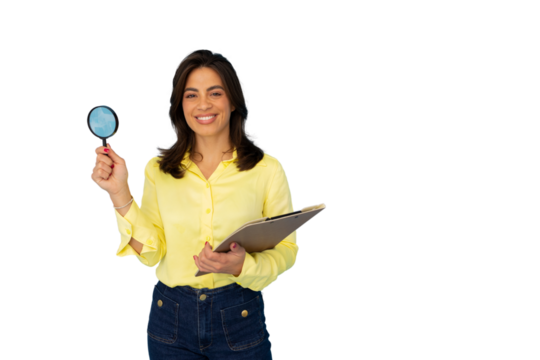 Latina businesswoman examining a document with a magnifying glass - Powered by Adobe
