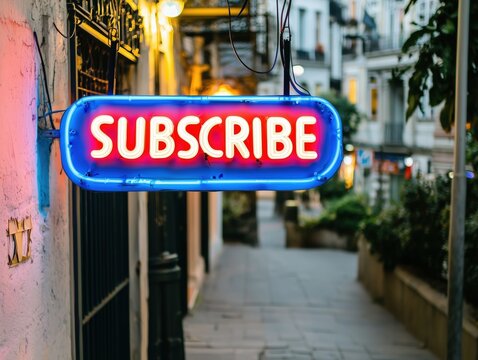 Retro Subscribe Neon Sign on a Street in a Vintage Setting