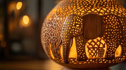 Fototapeta premium Close-up of a wooden lamp featuring elephant patterns, captured in high-definition with sharp studio lighting that emphasizes its unique design and texture