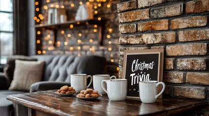 Cozy Christmas trivia night setup with mugs and cookies on wooden table.