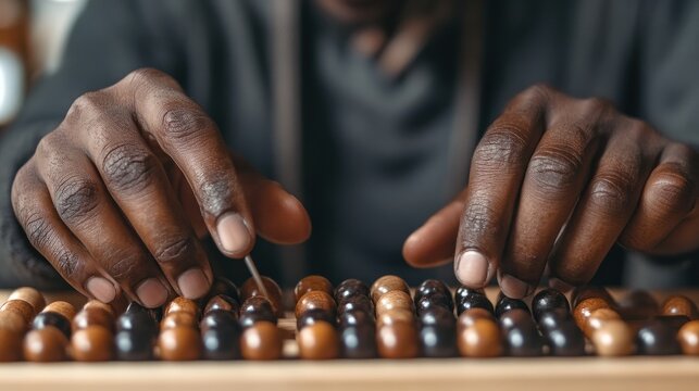 Close-up of hands using an abacus to perform calculations, with clear focus on the beads and crisp studio lighting highlighting the traditional tool