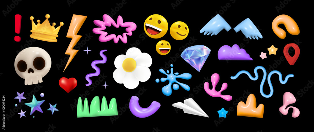 Poster cute and funny 3d cartoon objects and shapes. set of colorful 3d elements, funny elements - skull, e