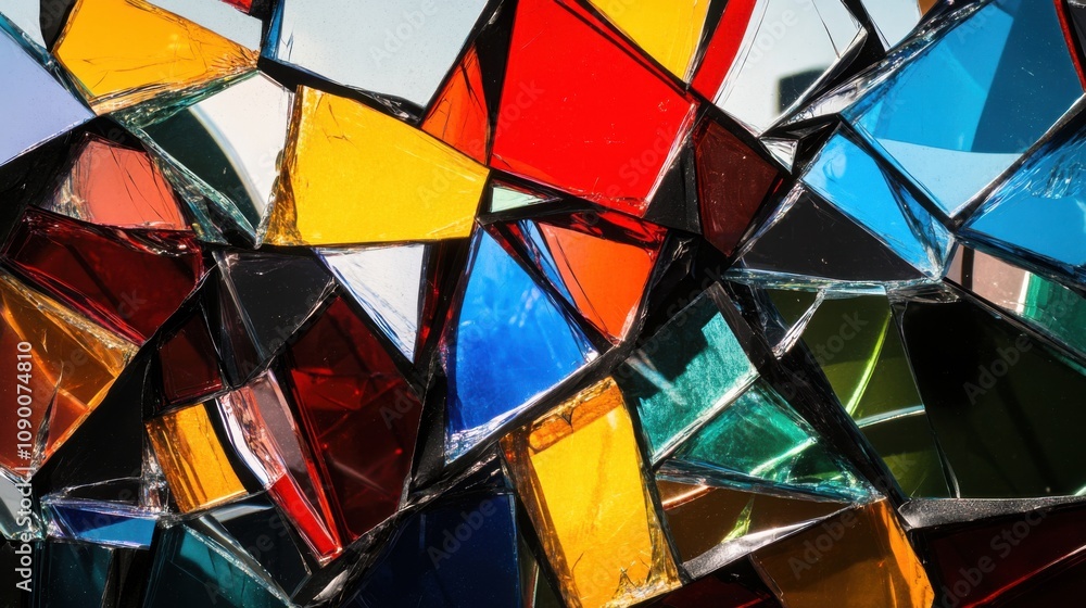 Poster a conceptual image of a shattered glass pane with colorful shards scattered and converging, reflecti