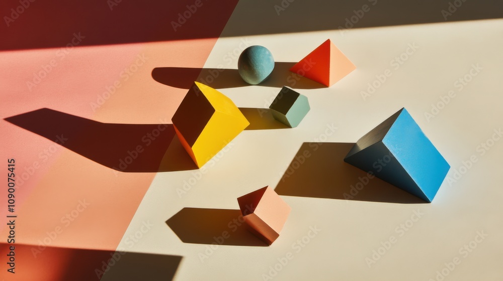 Poster A conceptual image of diverse, floating geometric shapes casting colorful shadows on a smooth surface, Representing the multifaceted nature and impact of inclusive practices