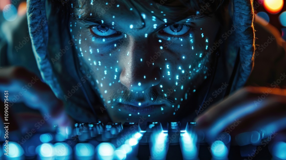 Poster a focused individual interacting with a glowing keyboard in a dark setting.