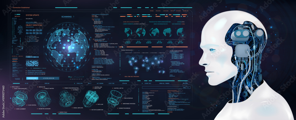 Poster HUD, AI assistance concept, 3D robot head, AI assistant. Futuristic user interface, in the dashboard with graphs, 3D earth and other UI. Artificial intelligence and modern HUD. Vector illustration