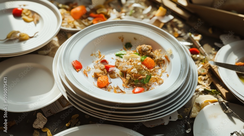Poster a conceptual image of food waste, with discarded food items and empty plates, highlighting the issue
