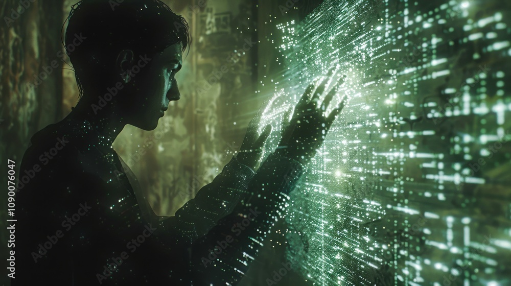 Aufkleber a person interacts with a digital interface of flowing data.