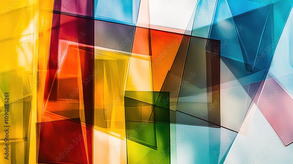 Poster A conceptual image of overlapping, transparent shapes in various colors creating a multi-layered effect, Representing the complexity and depth of diverse perspectives coming together