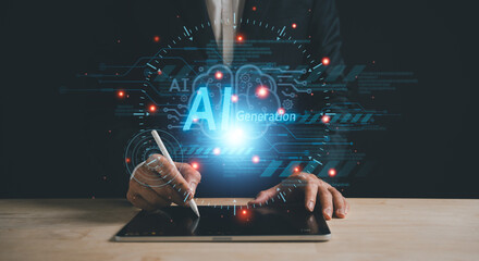 businessman using Ai technology in business by artificial intelligence,  smart robot AI, Futuristic technology transformation, using AI technology for developing running business on cloud computing
