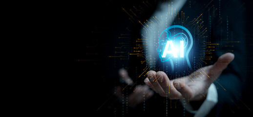 businessman using Ai technology in business by artificial intelligence,  smart robot AI, Futuristic technology transformation, using AI technology for developing running business on cloud computing