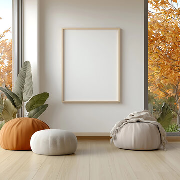 Cozy autumn living room setup with plush poufs natural light minimalist design indoor environment modern aesthetic concept for home decor inspiration