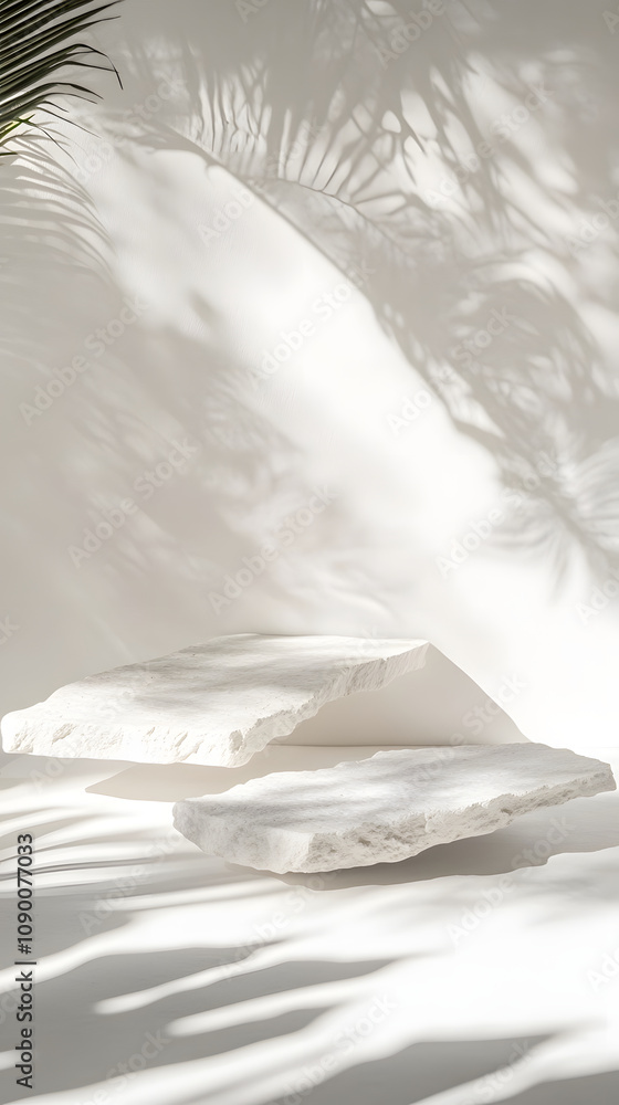 Poster minimalistic display featuring two textured white surfaces with soft shadows from foliage.