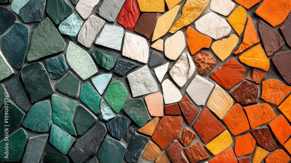 Poster a conceptual visualization of a mosaic of varied, colorful tiles coming together to form an intricat