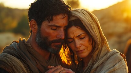 Ana and Elkanah, characters from the Bible Pais of Samuel. Ana sad about not being able to have children