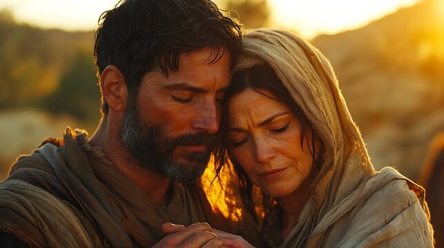 Ana and Elkanah, characters from the Bible Pais of Samuel. Ana sad about not being able to have children