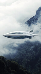 Obraz premium UFO, an alien saucer hovering above the field in the clouds, hovering motionless in the sky. Unidentified flying object, alien invasion, extraterrestrial life, space travel, spaceship. mixed media 