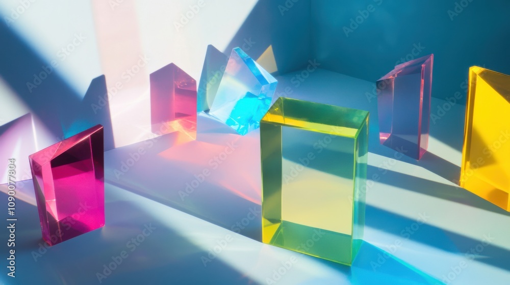 Poster A conceptual visualization of diverse, floating geometric prisms casting colorful shadows on a surface, Representing the multifaceted and dynamic nature of inclusive environments