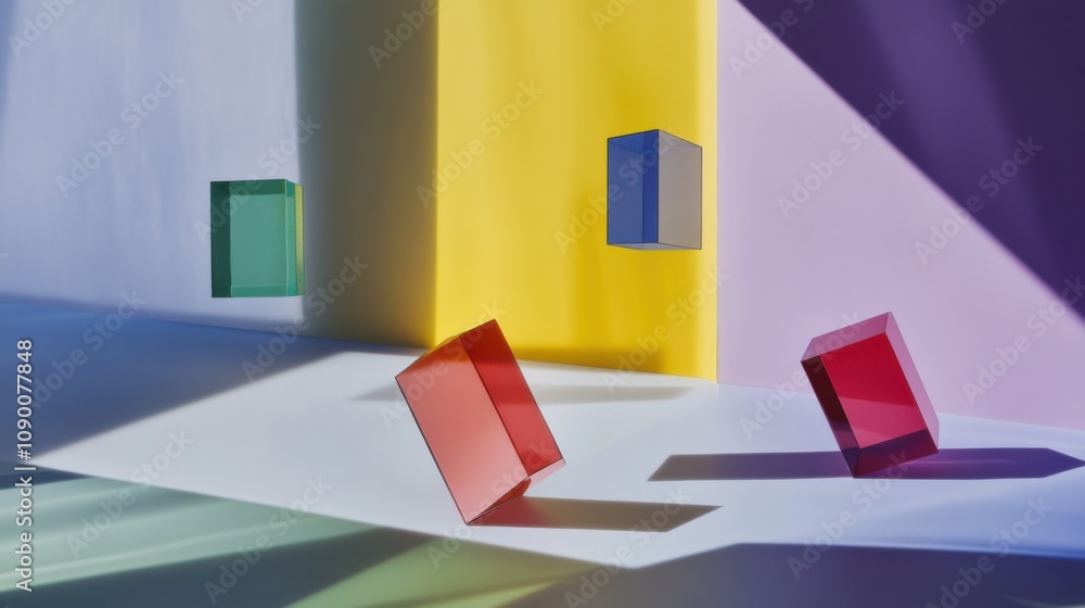 Poster A conceptual visualization of diverse, floating geometric prisms casting colorful shadows on a surface, Representing the multifaceted and dynamic nature of inclusive environments
