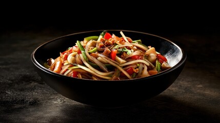 A tempting bowl of Thai som tam with crunchy vegetables and vibrant spices, captured in high detail with perfect studio lighting highlighting its freshness