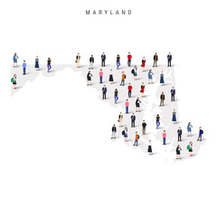 Maryland US state population map. Large group of realistic a diverse crowd of people figures. Flat vector illustration isolated on white.